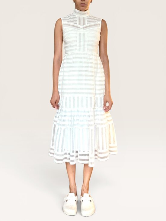 ERDEM Dresses & Skirts - Erdem Abrielle Ivory White Stripe Silk Lined Tiered‎ Midi Dress US 4 SS16 Bridal